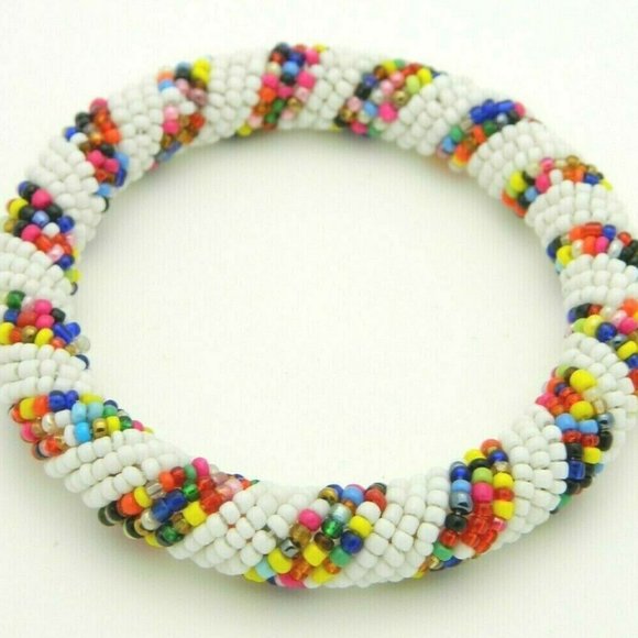 Vintage Jewelry - White Multi-Color Seed Bead Bangle Bracelet Funky